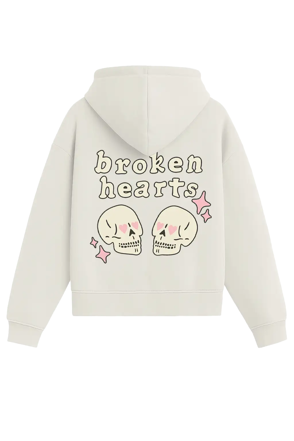 #beyaz renk hoodie arka görünüm; sırt baskısında “broken hearts” yazısı, pembe kalp gözlü iki krem kafatası illüstrasyonu ve pembe parıltı ikonları.