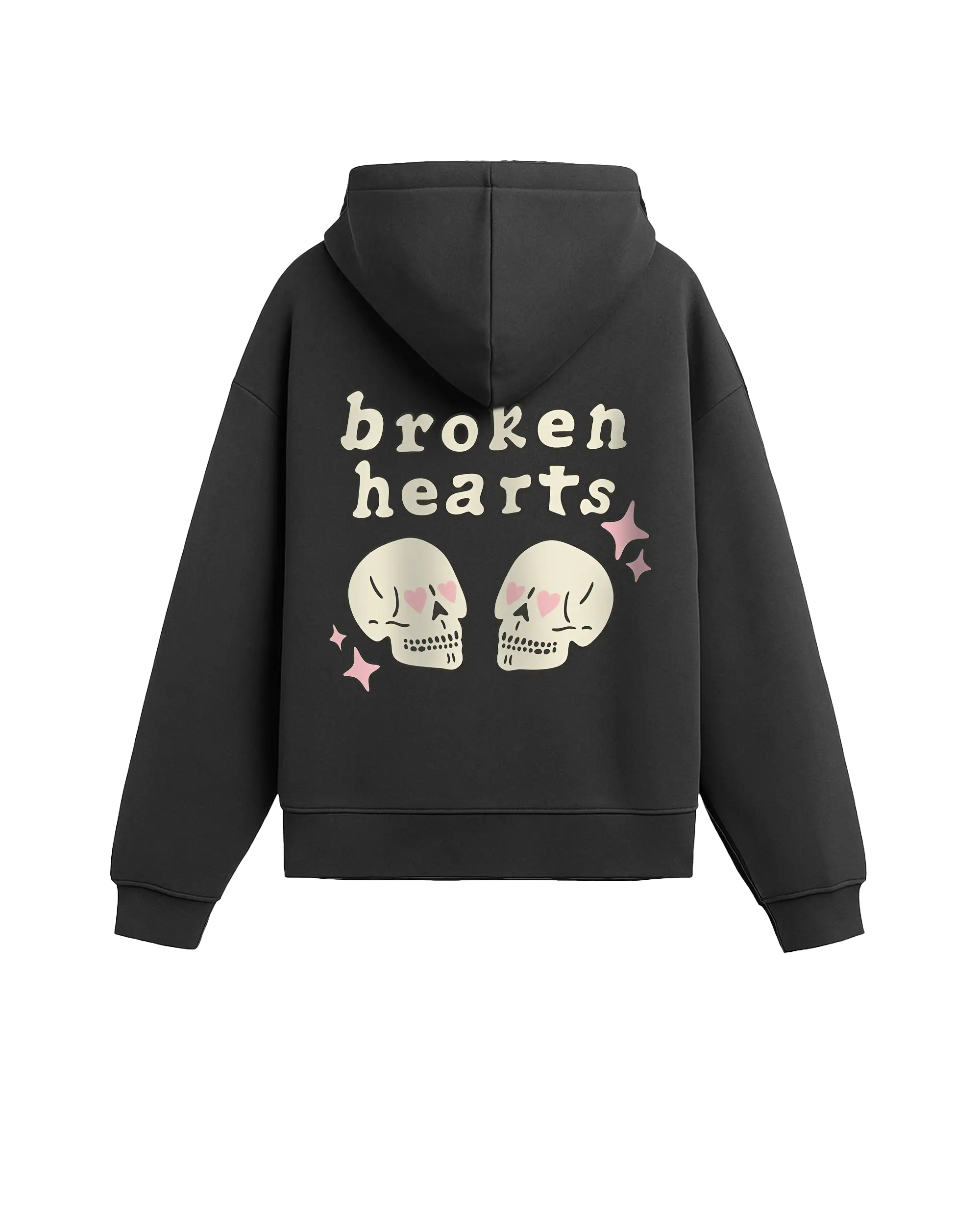 #füme renk hoodie arka görünüm; sırt baskısında “broken hearts” yazısı, pembe kalp gözlü iki krem kafatası illüstrasyonu ve pembe parıltı ikonları.