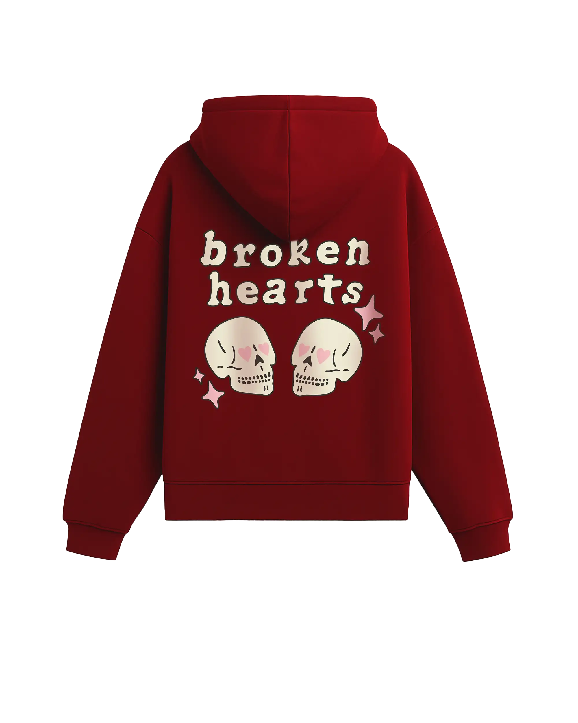 #kırmızı renk hoodie arka görünüm; sırt baskısında “broken hearts” yazısı, pembe kalp gözlü iki krem kafatası illüstrasyonu ve pembe parıltı ikonları.