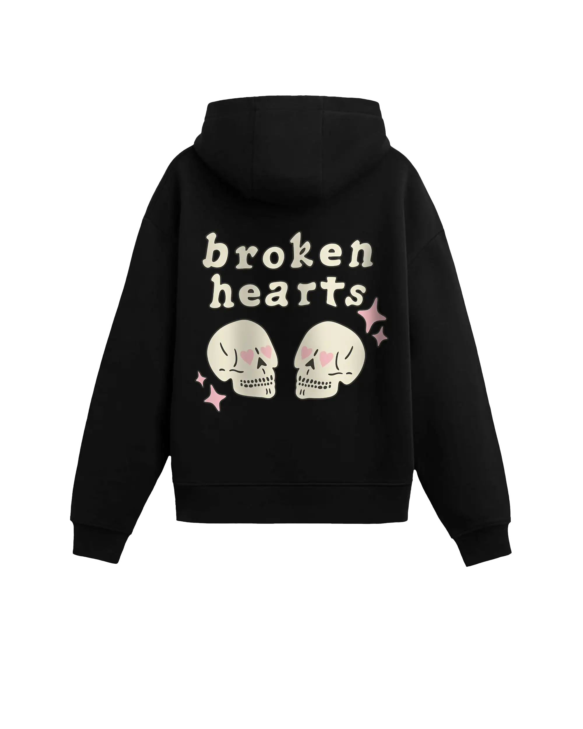 #siyah renk hoodie arka görünüm; sırt baskısında “broken hearts” yazısı, pembe kalp gözlü iki krem kafatası illüstrasyonu ve pembe parıltı ikonları.