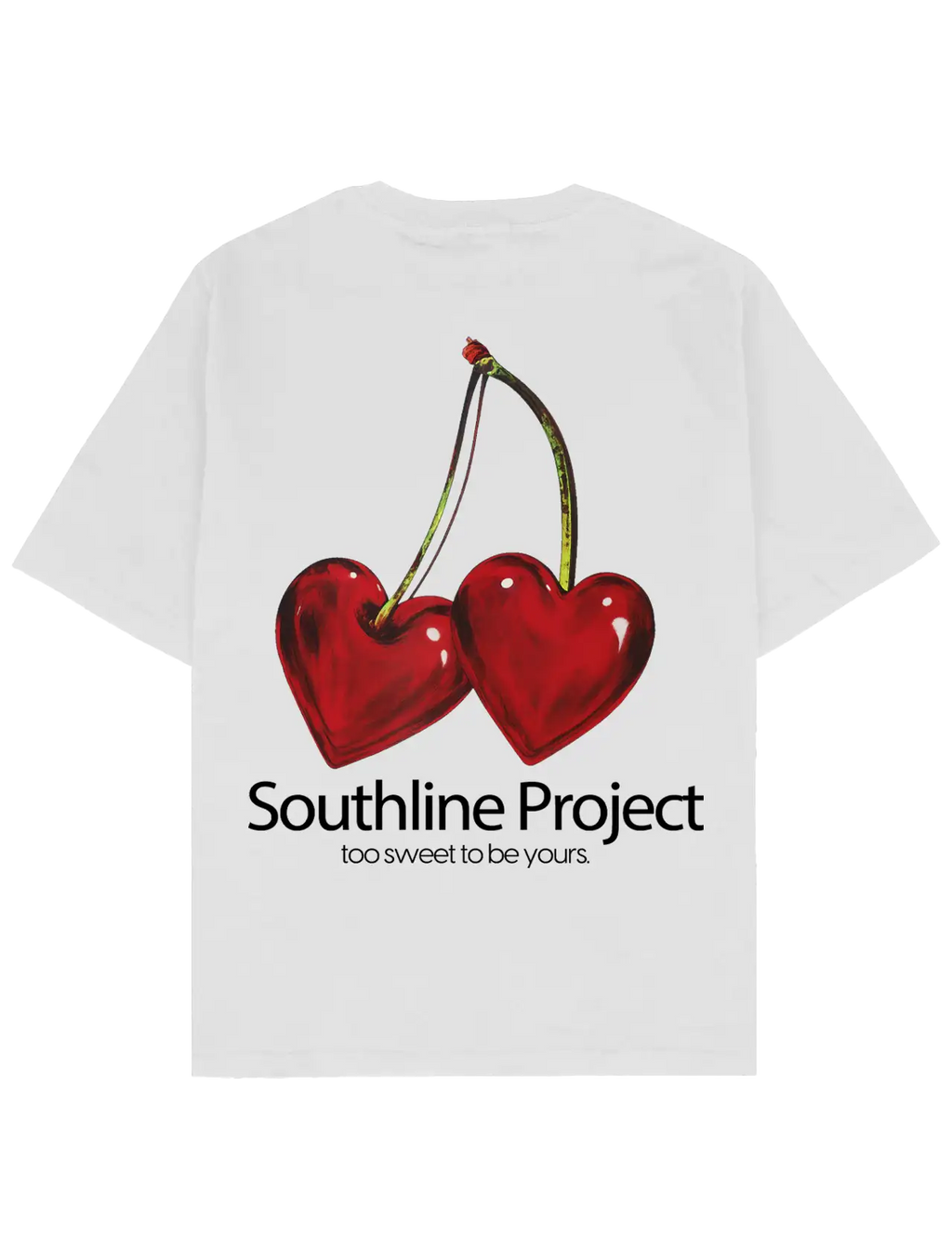 Southline Project CHERRY oversize boxy fit tişört arka baskı, kalp şeklinde kiraz illüstrasyonu, “too sweet to be yours” yazı, heavy-weight pamuk 280 GSM premium streetwear t-shirt. #beyaz 