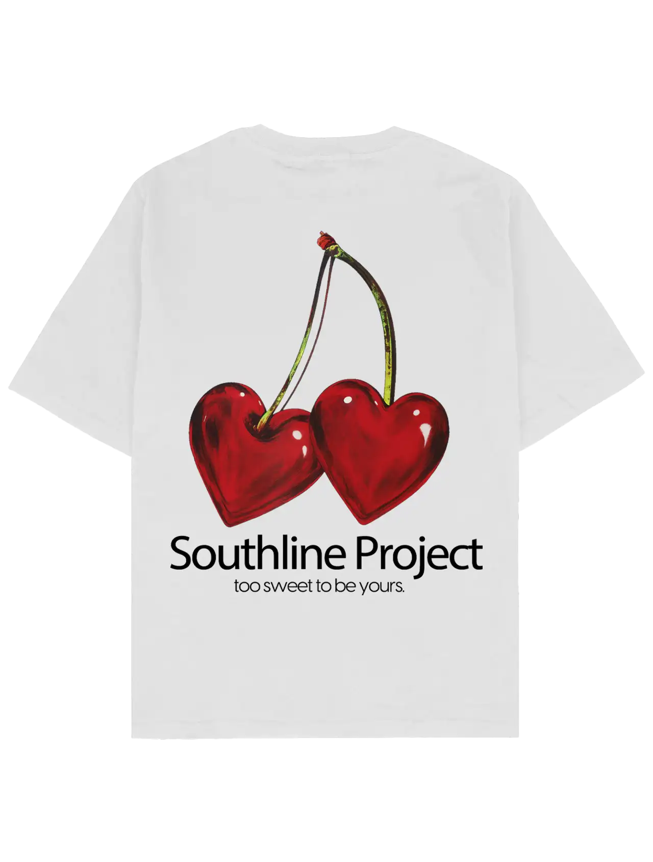 Southline Project CHERRY oversize boxy fit tişört arka baskı, kalp şeklinde kiraz illüstrasyonu, “too sweet to be yours” yazı, heavy-weight pamuk 280 GSM premium streetwear t-shirt. #beyaz 