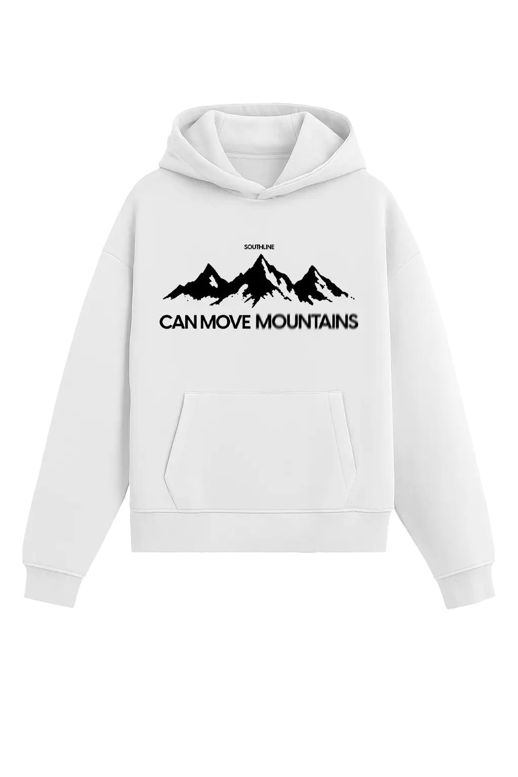 Southline Project MOUNTAIN beyaz hoodie – siyah dağ silüeti baskılı, “CAN MOVE MOUNTAINS” yazılı, premium streetwear sweatshirt #beyaz