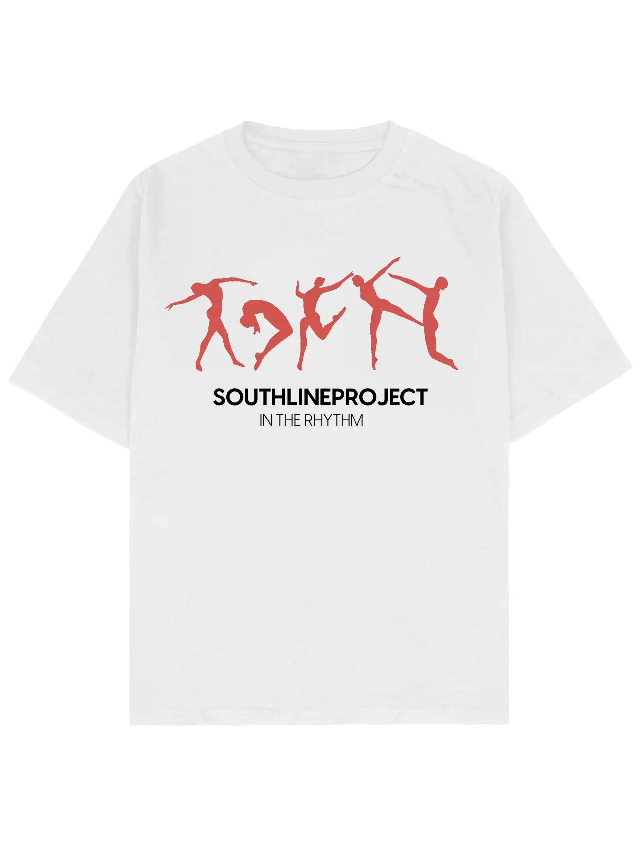 #beyaz Southline Project RHYTHM oversize boxy fit tişört, ön baskıda kırmızı dans figürleri grafiği, siyah “SOUTHLINEPROJECT” yazısı ve “IN THE RHYTHM” alt metni, heavy-weight pamuk 30/2 280 GSM premium streetwear t-shirt.