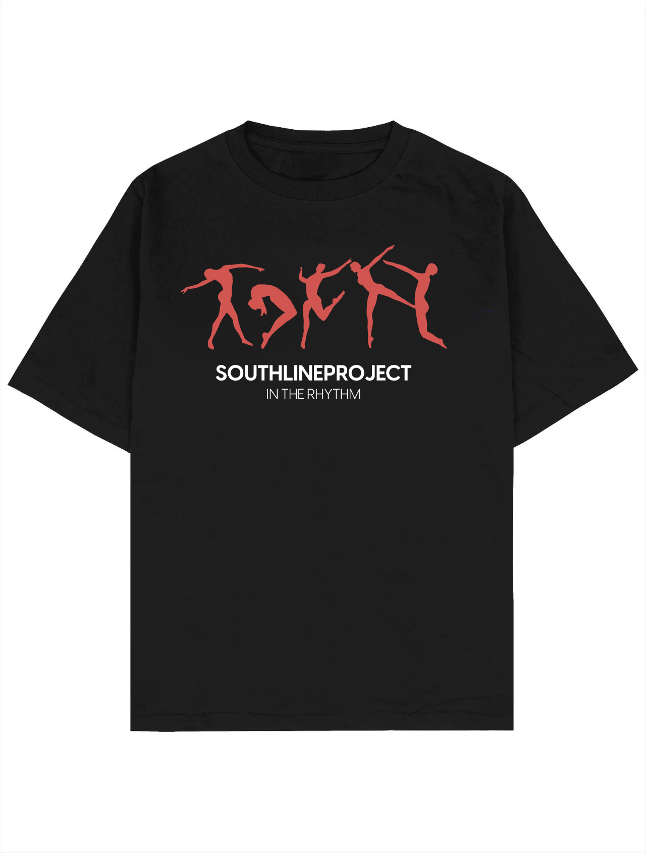 #siyah Southline Project RHYTHM oversize boxy fit tişört, ön baskıda kırmızı dans figürleri grafiği, siyah “SOUTHLINEPROJECT” yazısı ve “IN THE RHYTHM” alt metni, heavy-weight pamuk 30/2 280 GSM premium streetwear t-shirt.