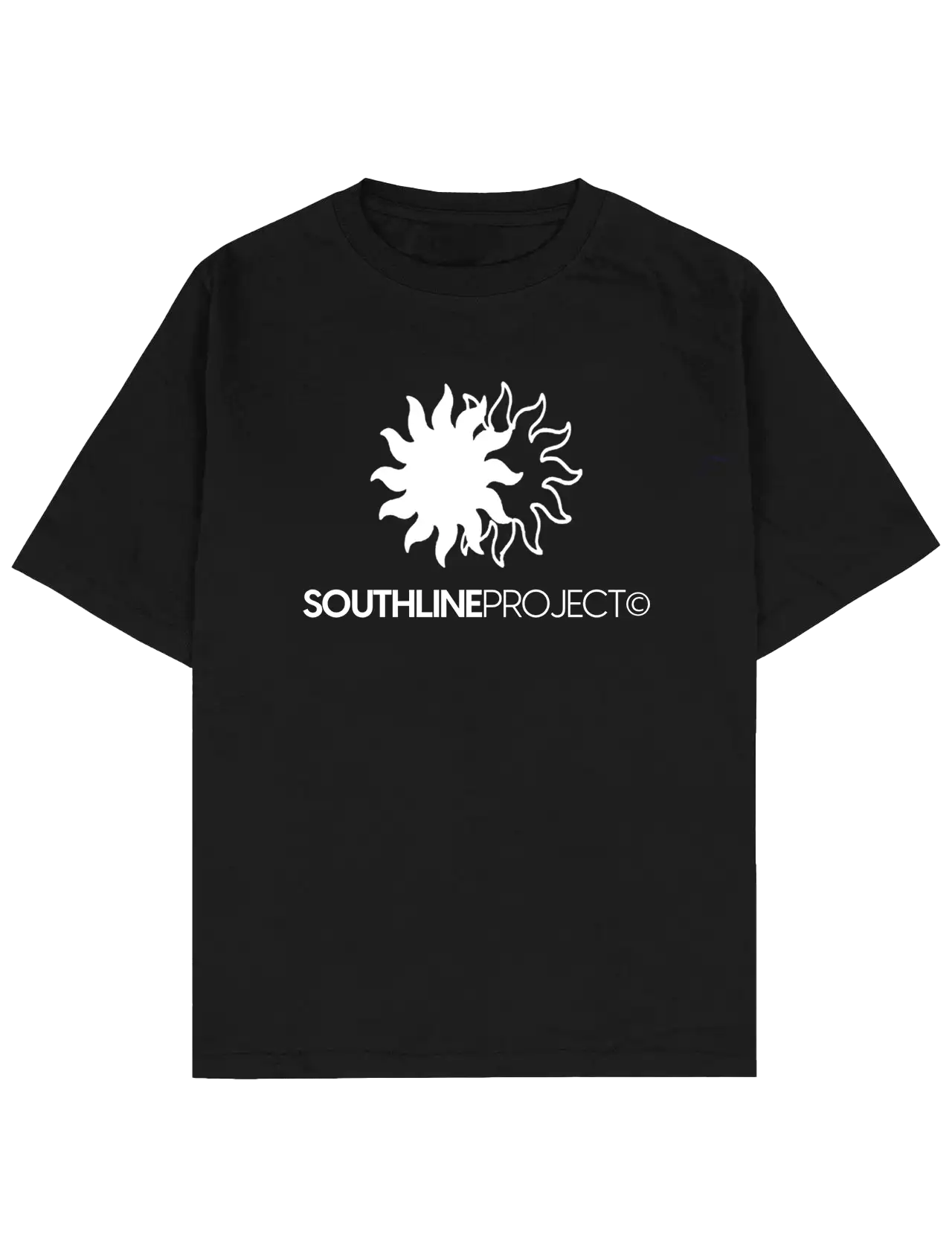 #siyah Southline Project SUN oversize boxy fit tişört, ön baskıda siyah-beyaz güneş sembolü ve “SOUTHLINEPROJECT©” logo yazısı, heavy-weight pamuk 30/2 280 GSM premium streetwear t-shirt.