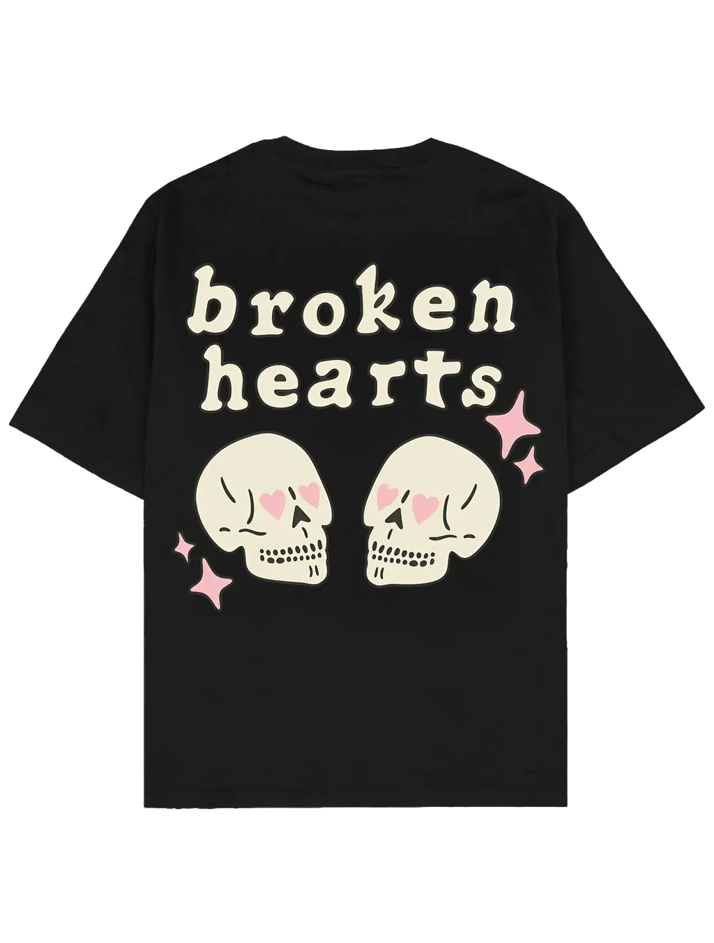 #siyah oversize boxy fit Southline tişört; arka baskıda “broken hearts” yazısı, kalp gözlü iki kafatası illüstrasyonu ve pembe yıldız detayları bulunan 280 GSM heavy-weight pamuk streetwear t-shirt.