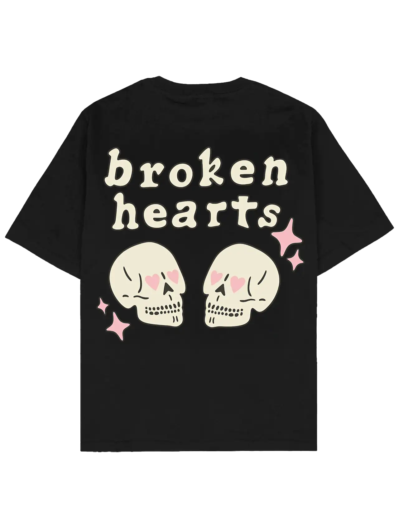 #siyah oversize boxy fit Southline tişört; arka baskıda “broken hearts” yazısı, kalp gözlü iki kafatası illüstrasyonu ve pembe yıldız detayları bulunan 280 GSM heavy-weight pamuk streetwear t-shirt.