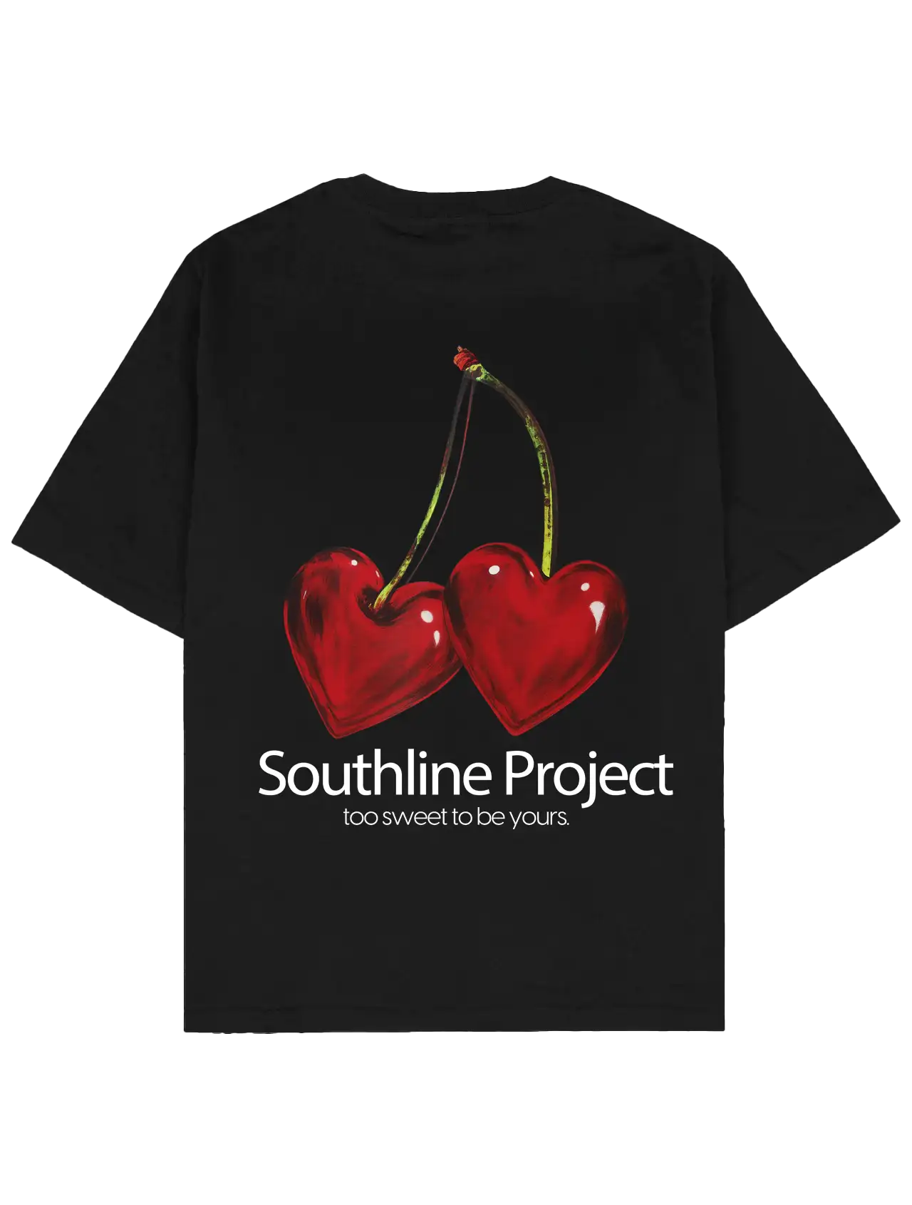 #siyah Southline Project CHERRY oversize boxy fit tişört arka baskı, kalp şeklinde kiraz illüstrasyonu, “too sweet to be yours” yazı, heavy-weight pamuk 280 GSM premium streetwear t-shirt.