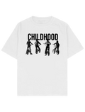#beyaz Southline Project CHILDHOOD oversize boxy fit tişört, beyaz heavy-weight pamuk 30/2 280 GSM premium streetwear t-shirt; ön baskıda büyük “CHILDHOOD” yazısı ve bisikletli çocuk siluetleri.