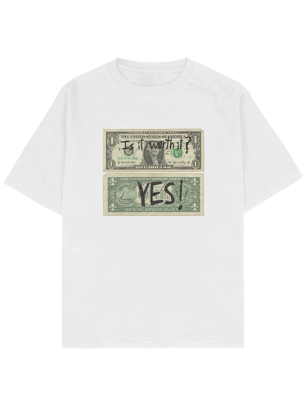 #beyaz Southline Project WORTH oversize boxy fit tişört, beyaz heavy-weight pamuk 30/2 280 GSM premium streetwear t-shirt; ön baskıda iki adet 1 dolar banknot görseli ve üzerlerinde el yazısı stilinde “E it worth it / YES!” yazı detayı.